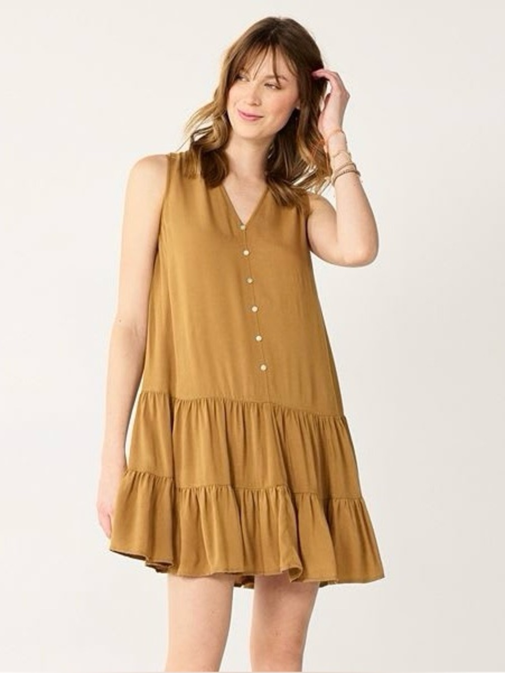 Nine West Tan Drop Waist Tiered Dress Size Large Button Front V Neck Lightweight